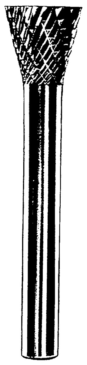 Carbide Burr, 1/8" (3 mm) Dia., SN-42 D/C Burr, 10 Degree Inverted Cone, 3/16" Flute L, 1/8" Shank